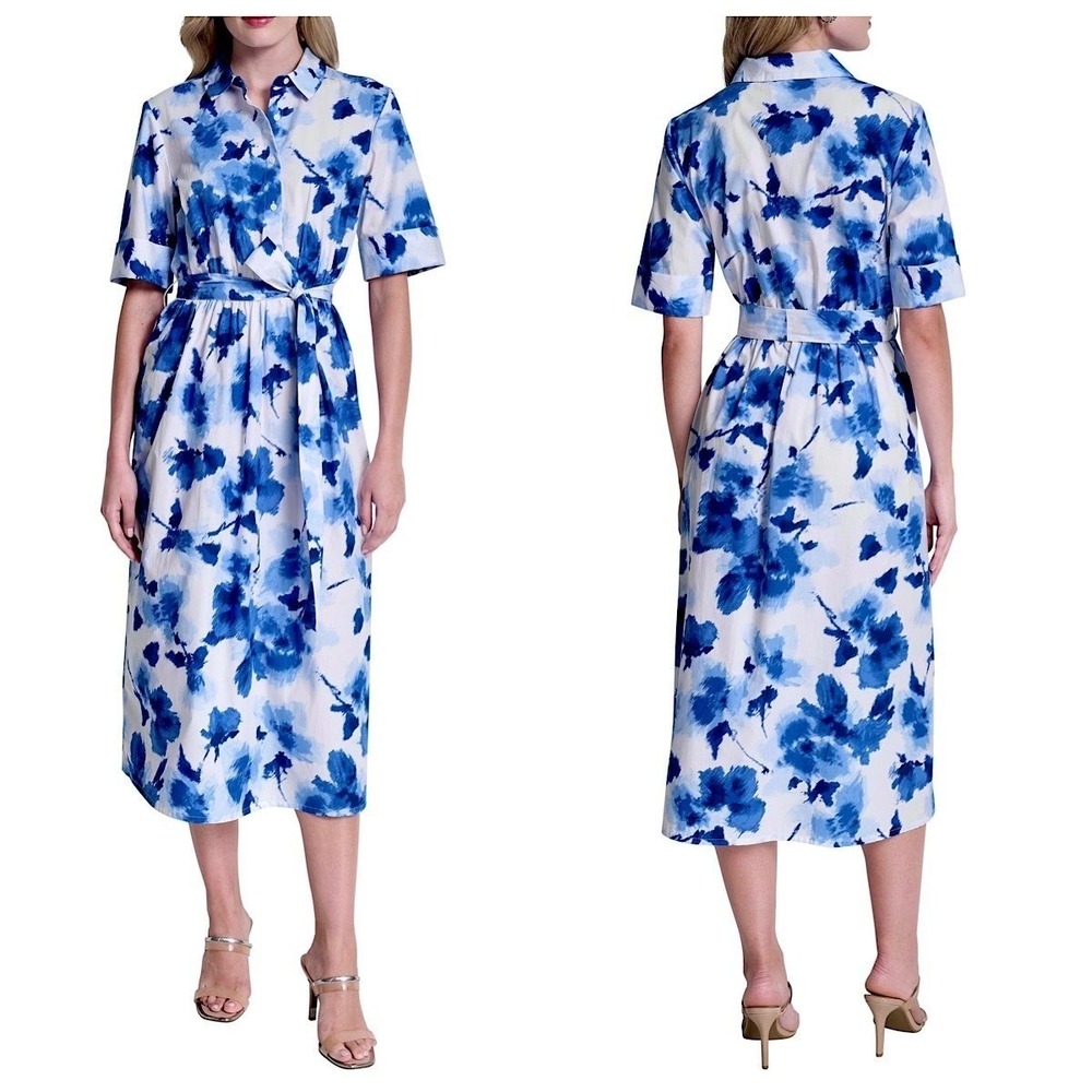 DKNY‎ Belted Poplin Shirt Dress Womens Sz 14 Blue White Floral Watercolor
